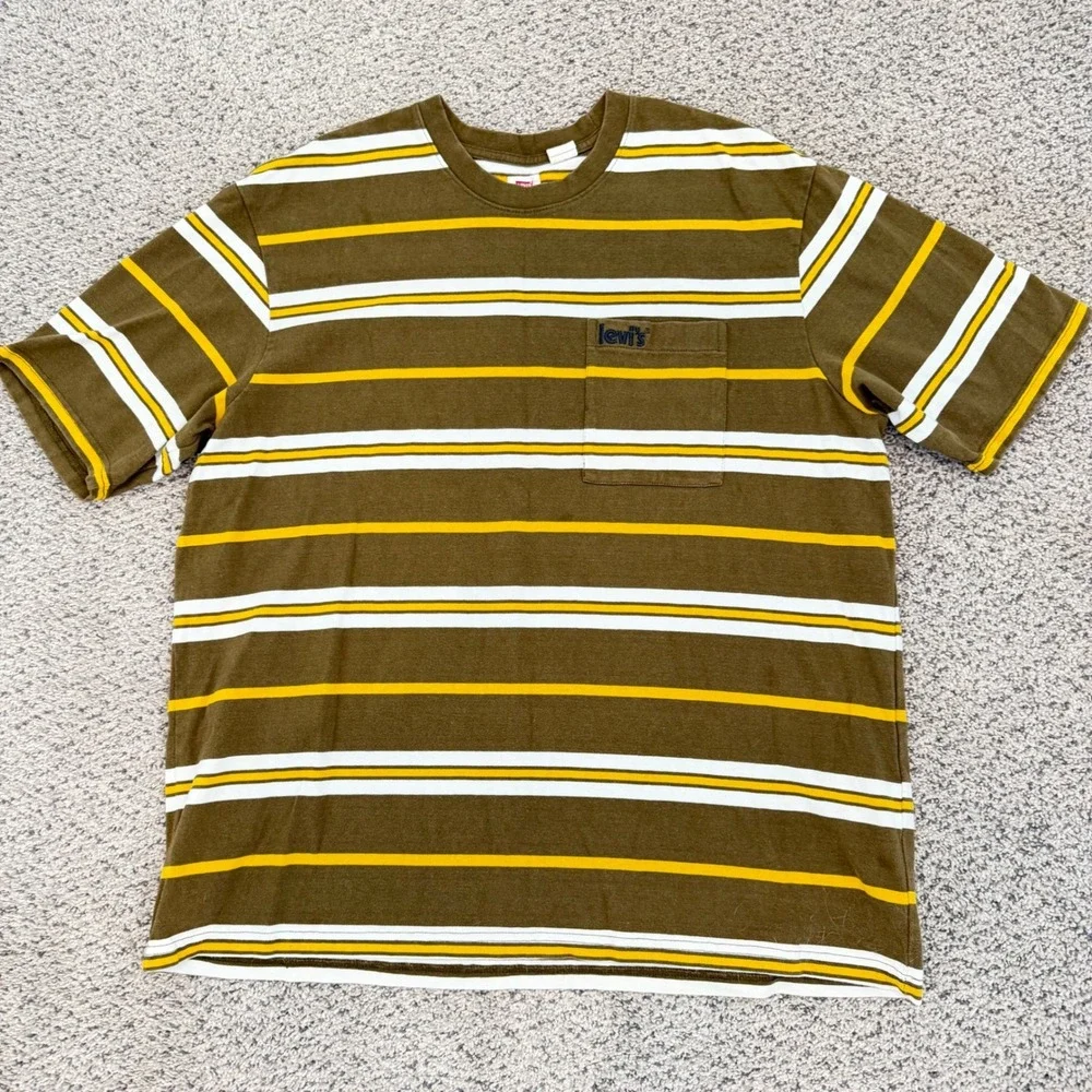 Levis Mens Oversized Striped Pocket T-Shirt Olive Green Yellow White Large